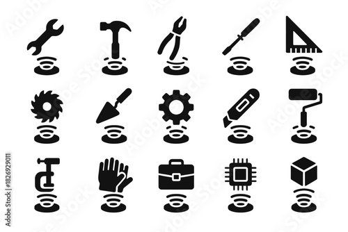 Set of 16 construction and repair tool icons in black and white design