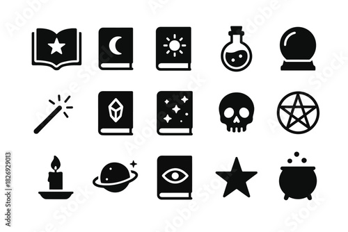 Mystical icons: magic book, crystal ball, skull, pentagram, potion, wand, star, candle