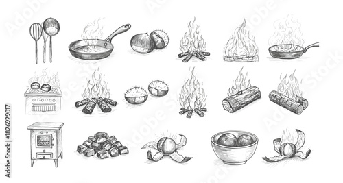 Hand drawn sketches of chestnuts and cooking tools with fire elements