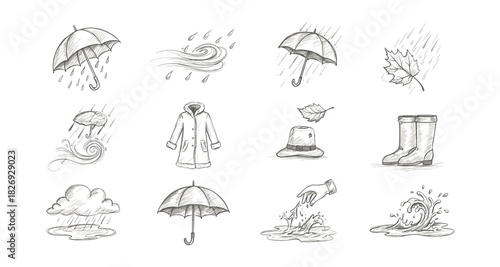 Hand drawn weather elements: rain, umbrellas, and wind sketch collection