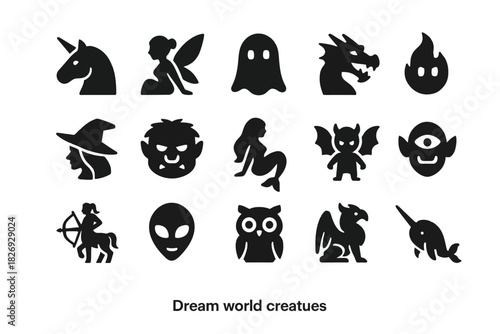 Silhouette icons of fantasy creatures and mythical beings