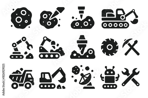Space exploration icons: robots, rovers, drills, satellites, and tools