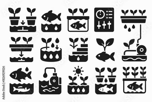 Aquaponics icons set: plants, fish, and water cycle symbols