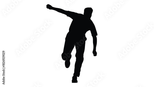 Silhouette of male athlete mid-action throwing or bowling with outstretched arm and raised leg, dynamic sports motion graphic, flat vector icon design, isolated on white background