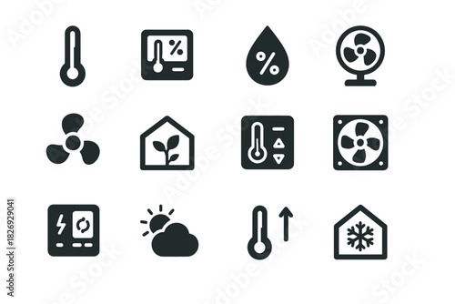 Climate control icons: thermometer, fan, humidity, smart home, energy efficiency