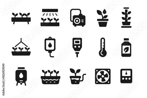 Hydroponic gardening icons: plants, equipment, and tools for indoor farming