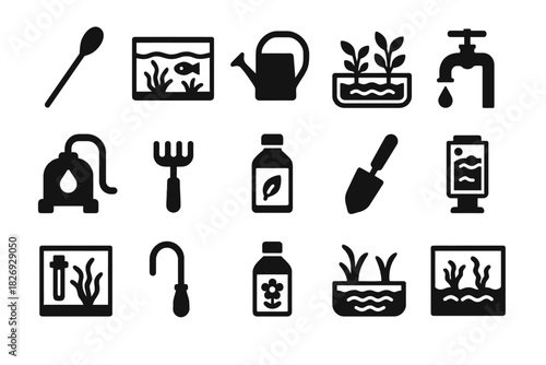 Garden and aquarium icon set featuring tools, plants, and water elements