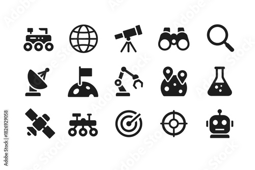 Space and exploration icons: robotics, astronomy, satellites, and laboratory symbols