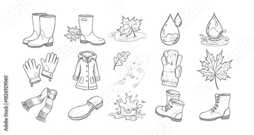 Hand drawn autumn clothing and weather elements in black and white