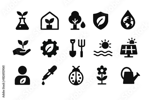 Eco-friendly icons: gardening, sustainability, renewable energy symbols collection