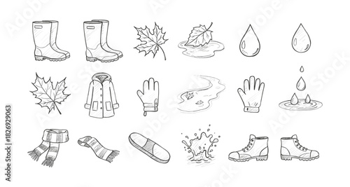 Hand drawn autumn elements collection featuring boots, leaves, and rainy weather accessories