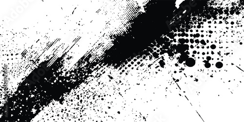 Halftone splattered dots overlay in monochrome clay digital design. Black and white abstract brush strokes with dots and grunge texture creating urban distressed composition.