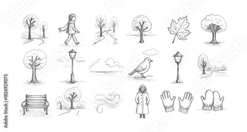 Hand drawn autumn elements: trees, leaves, and cozy accessories in sketch style