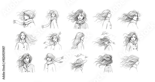 Elegant pencil drawings of women with flowing hair in autumn breeze