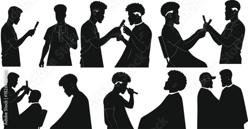 Barber shop silhouette vector, black barber artwork, hairstyling scenes illustration, hair cutting process, professional grooming clipart design