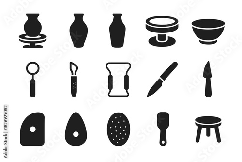 Pottery tool icons collection featuring various shapes and implements