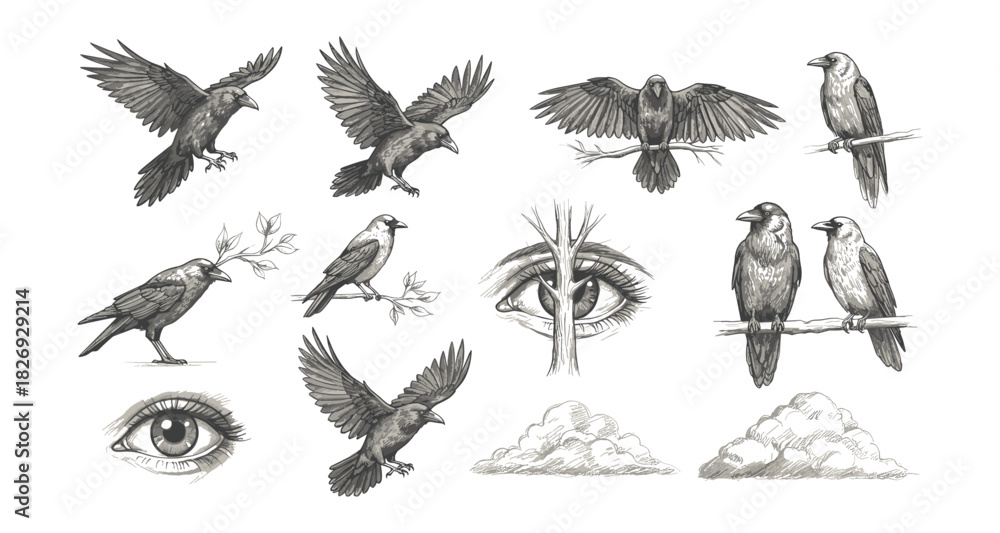 Obraz premium Hand-drawn crows, eyes, and clouds set in vintage style