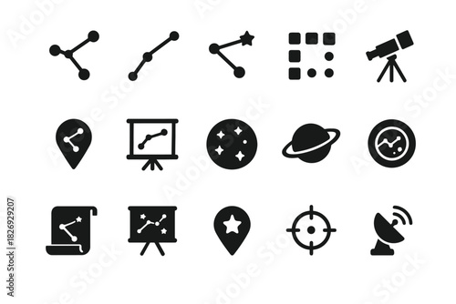 Set of astronomy icons featuring constellations, telescope, and satellite