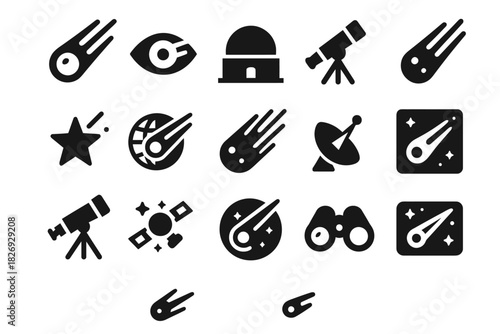 Collection of space exploration icons: telescope, meteor, observatory, satellite