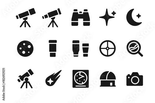 Astronomy icons: telescopes, binoculars, celestial symbols, observatory, camera