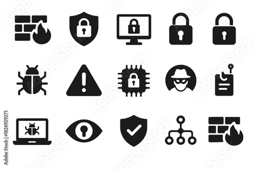 Cybersecurity icon set: locks, shields, bug, eye, firewall, and warning symbols
