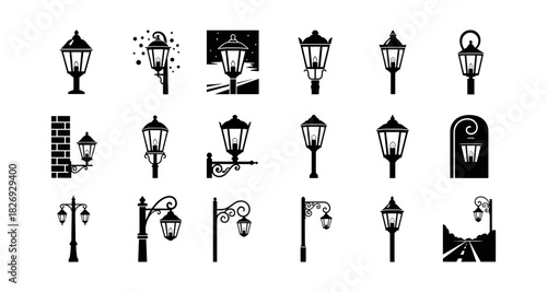 Vintage street lamp silhouettes collection: elegant outdoor lighting designs