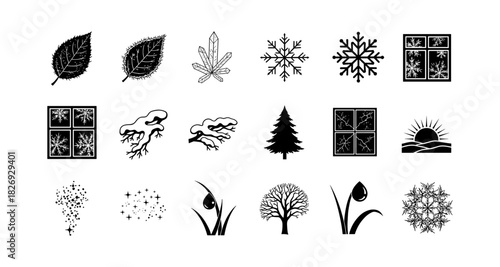 Nature and seasonal silhouettes collection with leaves, snowflakes, and trees