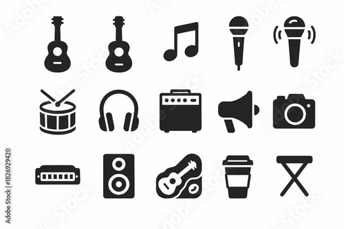 Musical instrument and equipment icons: guitar, microphone, drums, camera, headphones, speaker