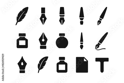 Set of black writing tool icons: quill, fountain pen, ink bottle, paint brush, document