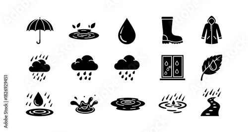 Silhouette rain icons set: umbrella, clouds, boots, and more in black and white