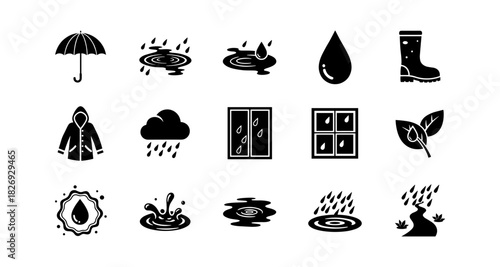Set of weather and rain icons in silhouette style for nature and climate designs