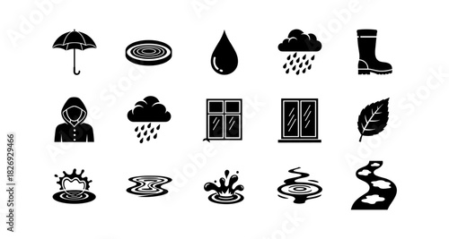 Weather icon set: rain, umbrella, and storm elements in silhouette style