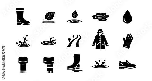 Minimalist rainy weather icons: boots, umbrella, puddle, leaf, raindrop, scarf
