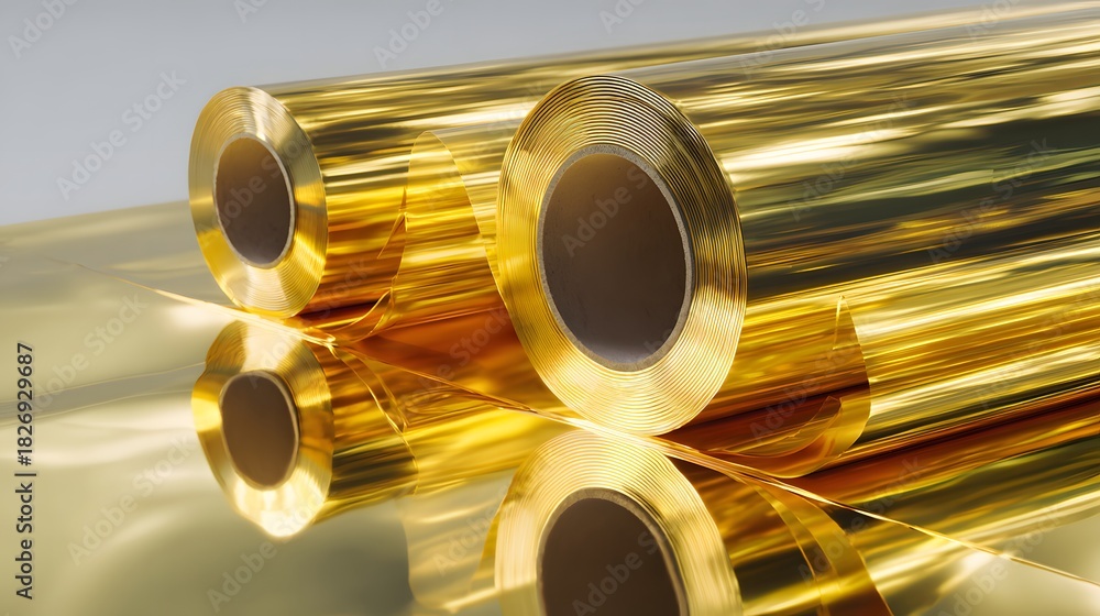 Naklejka premium Rolls of highly reflective metallic material create bright golden sheen on a smooth surface