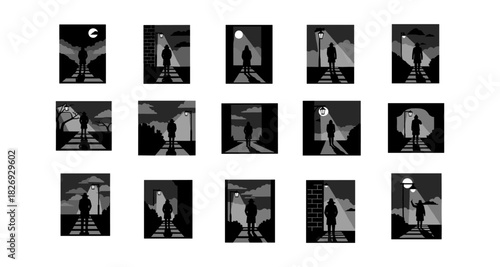 Dark silhouettes in urban night scenes with dramatic lighting and bold contrast