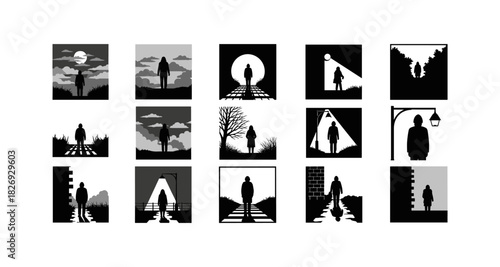 Silhouette designs: lone figures and scenic railroad elements in black and white