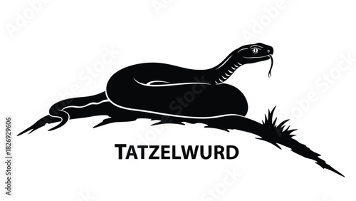 Black silhouette of a coiled mythical Tatze-lwurm creature with forked tongue and sharp tail, folklore monster logo design, flat vector art, isolated on white background