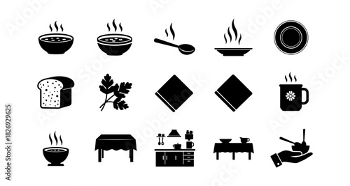 Set of cooking and dining silhouettes: soup, tableware, and kitchen essentials