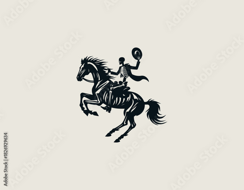 lack silhouette illustration of a skeleton rider on a galloping horse, holding up a cowboy hat.