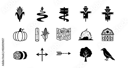 Black and white farm and autumn icons with corn, pumpkin, and scarecrows