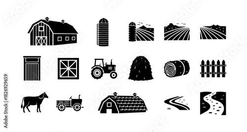 Rustic farm silhouettes collection featuring barns, tractors, animals, and crops