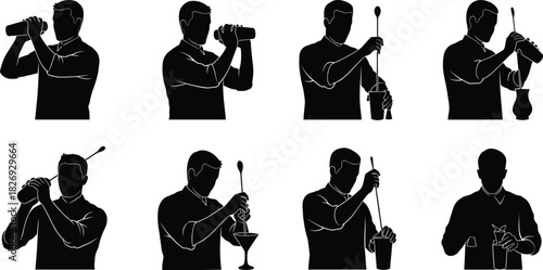 Bartender silhouette, cocktail shaker, mixing drinks, professional bar skills, cocktail making, nightlife illustration, drink preparation, mixology art