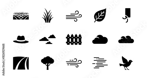 Nature and weather silhouettes: icons of leaves, trees, clouds, and wind