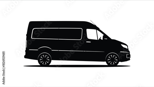 Black silhouette of a modern high-roof cargo delivery van viewed from the side, clean vector art for transport and logistics concepts, isolated on white background