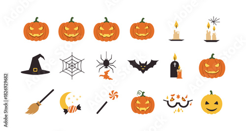 Halloween icon set featuring pumpkins, witch hat, and spooky symbols in flat design