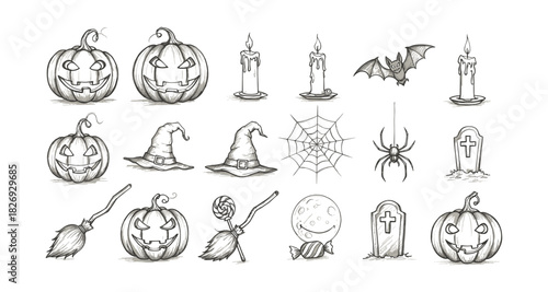 Hand-drawn halloween elements with pumpkins, candles, and spider webs for festive designs
