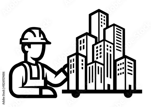 Construction worker with city buildings concept