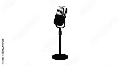 Classic retro studio microphone silhouette on a stand, vintage broadcast equipment icon, simple black and white vector art, logo design, isolated on white background