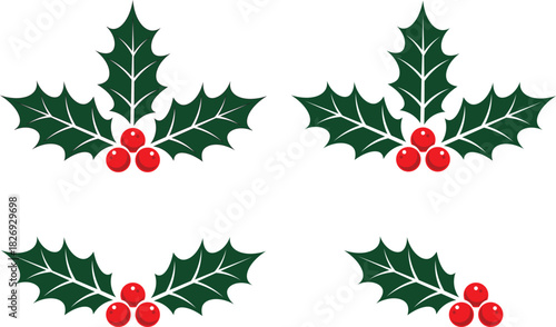Christmas holly leaves with red berries set, festive winter holiday decoration elements, isolated on white background