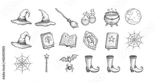 Hand-drawn halloween icons featuring witch hats, potions, and magical elements